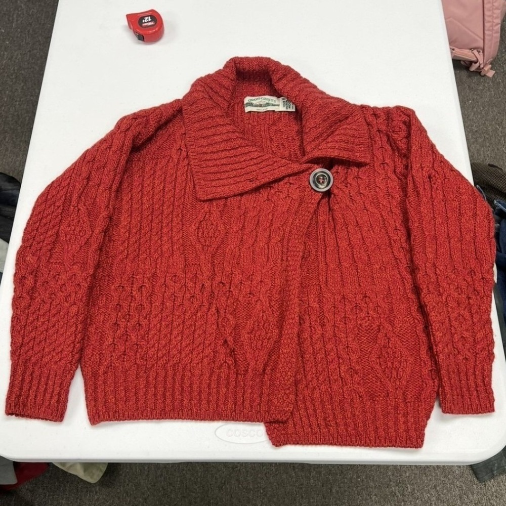 Aran Crafts Cardigan Sweater Womens M Red Merino Wool Cable Knit Asymmetrical